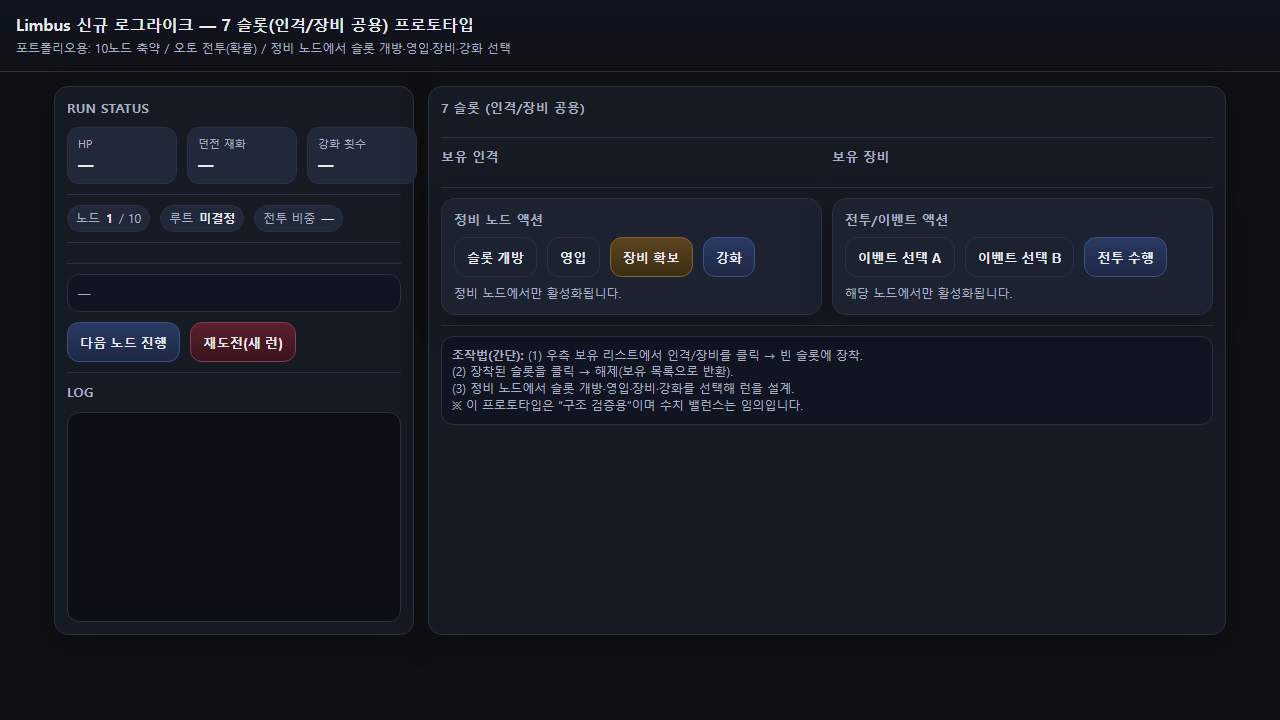 림버스 로그라이크 슬롯 프로토타입 화면